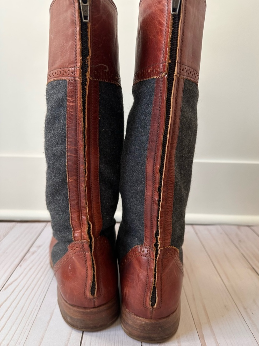 Wolverine Tall, Two-Tone, Brown Leather, and Grey Wool Riding Boots, Women’s 9 - Picture 13 of 14
